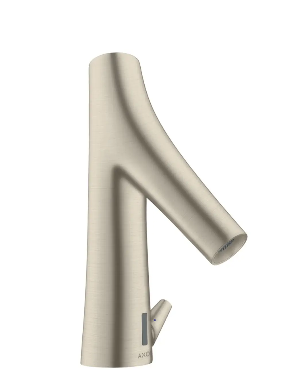 Waschtischmischer in gebürstetem Nickel-Finish von AXOR, mit integriertem Temperaturregler und seitlichem Hebel für die Steuerung des Wasserflusses.